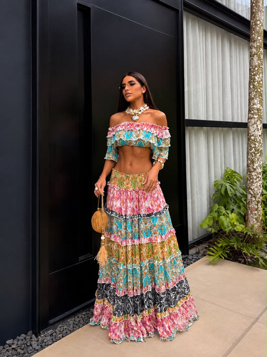 Conjunto Top e Saia Estampado