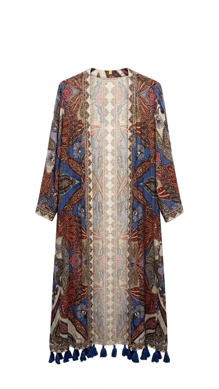 Casaco Kimono Localizado Jandaia da marca WLC, com padrão colorido e detalhes tradicionais, veste uma mulher elegantemente.