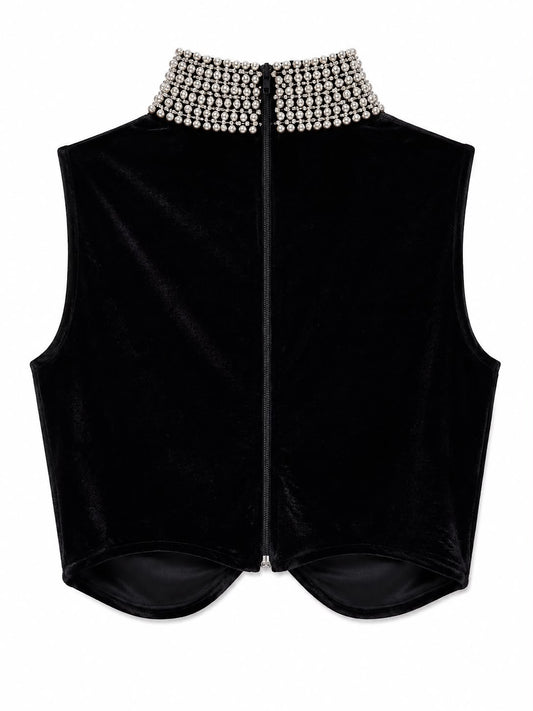 Cropped Veludo Bordado em Cristais Gola Alta