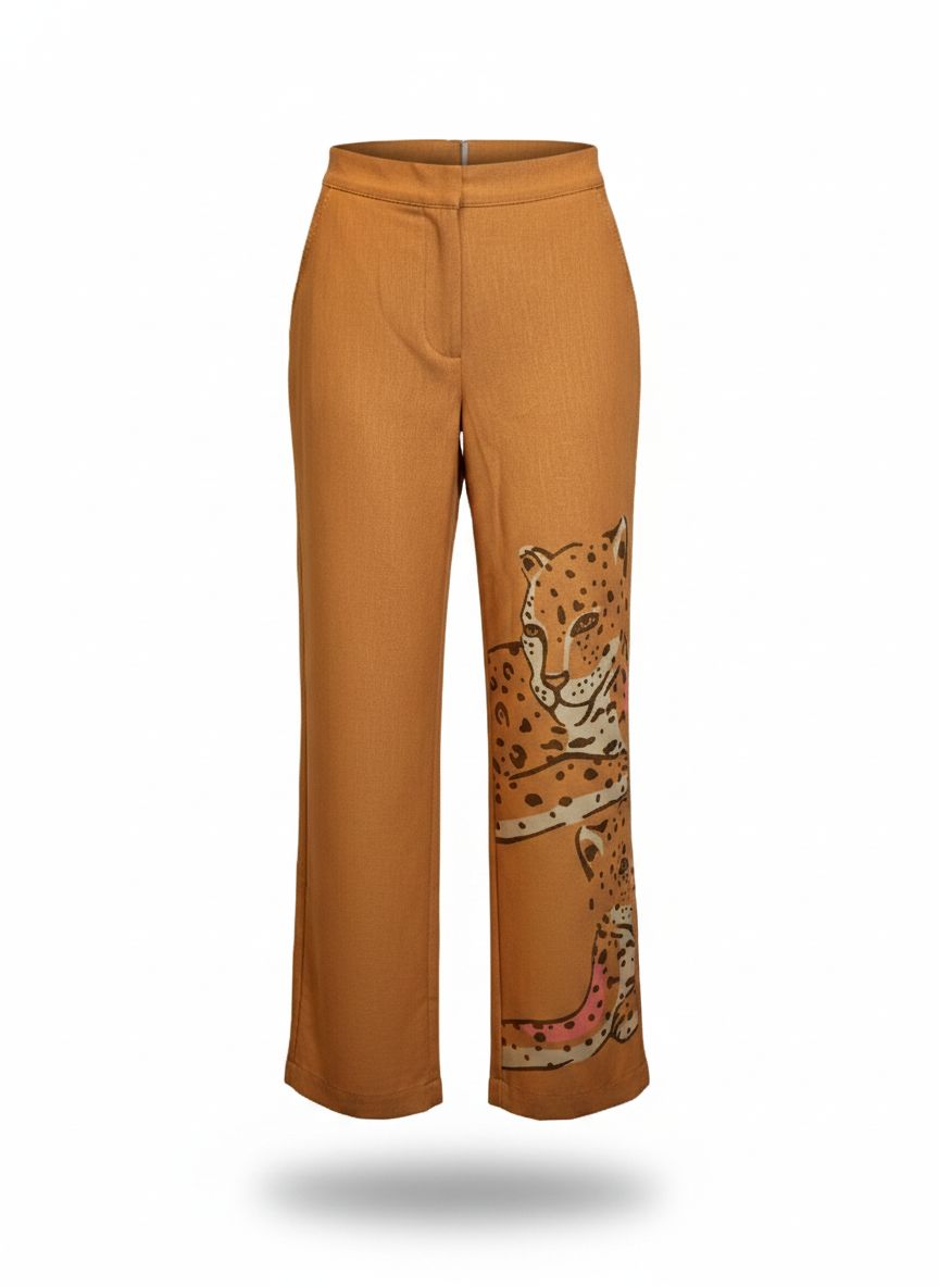Calça pantalona longa com estampa de onça da marca Leli Correia, vista de frente em fundo neutro.