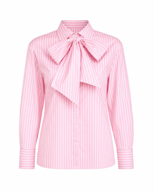 Camisa Listrada com Gola Laço