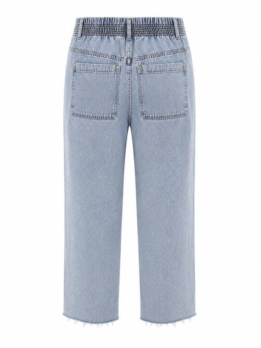 Calça Reta com Recortes Jeans