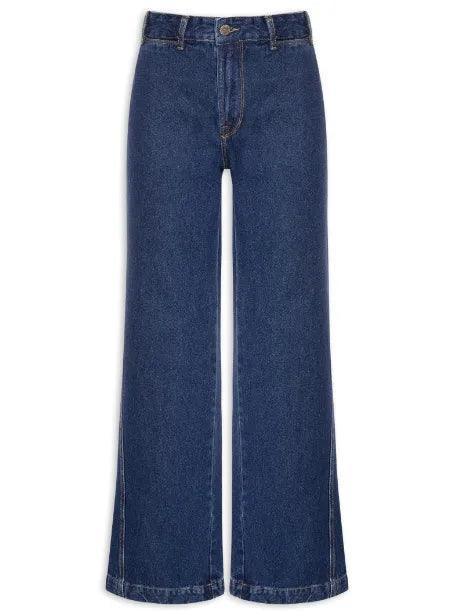 Calça jeans WLC com costura deslocada, estilo moderno, em tecido denim azul, vista frontal com detalhes de costura.