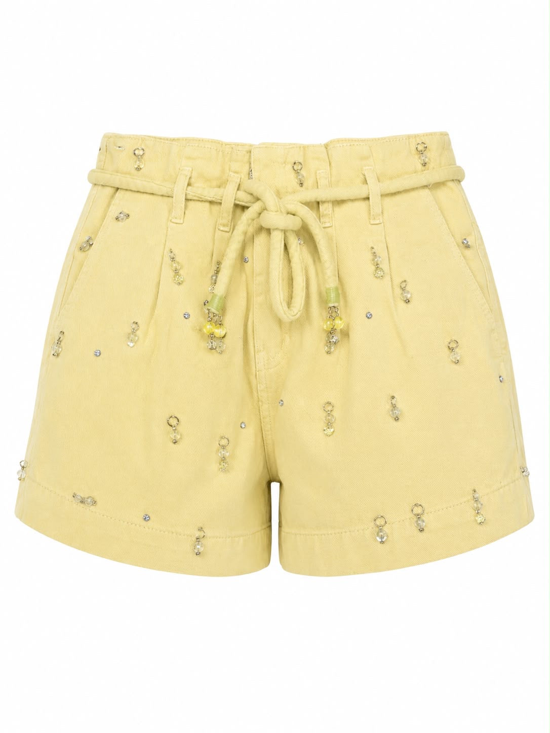 Short sarja clochard da Animale Jeans com bordado em cristais, modelo casual e elegante, em tom neutro.