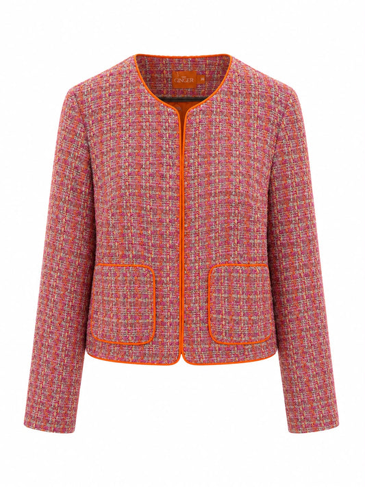 Casaco Aurora Tweed da Ginger, jaqueta com tecido tweed em cores neutras, com detalhes de acabamento elegante.