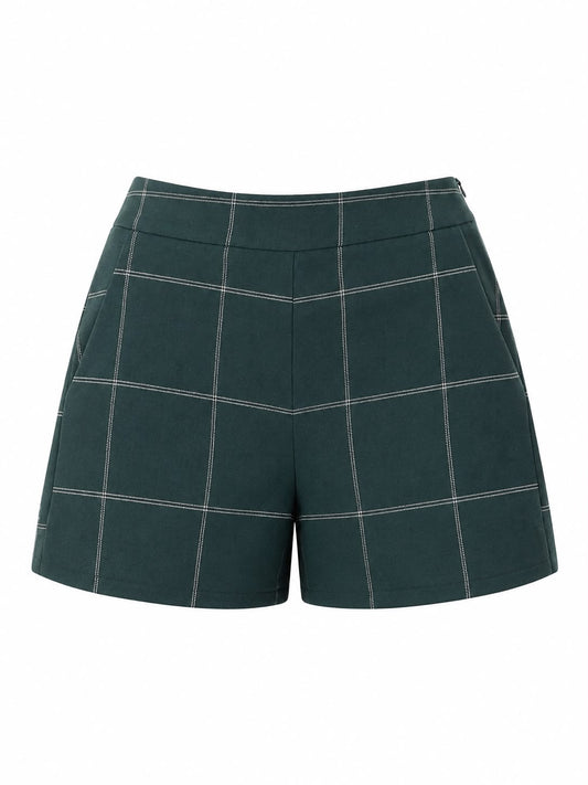 Short básico xadrez floresta verde da WLC, com padrão xadrez em tons de verde, tecido leve e confortável.