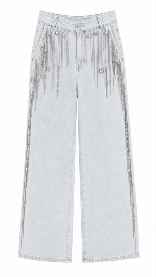 Calça Jeans Wide Leg com Bordado Strass