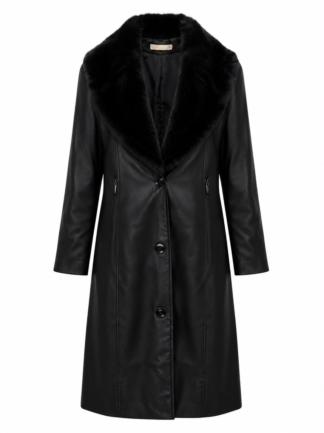 Casaco longo em PU WLC com gola de pelo removível, estilo elegante e confortável para o inverno.