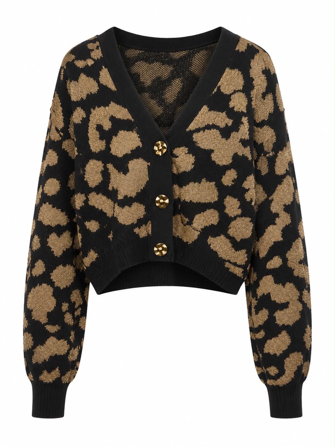 Casaco cardigan curto de tricô com estampa onça da marca WLC, exibindo detalhes da textura e padrão de pele de onça.