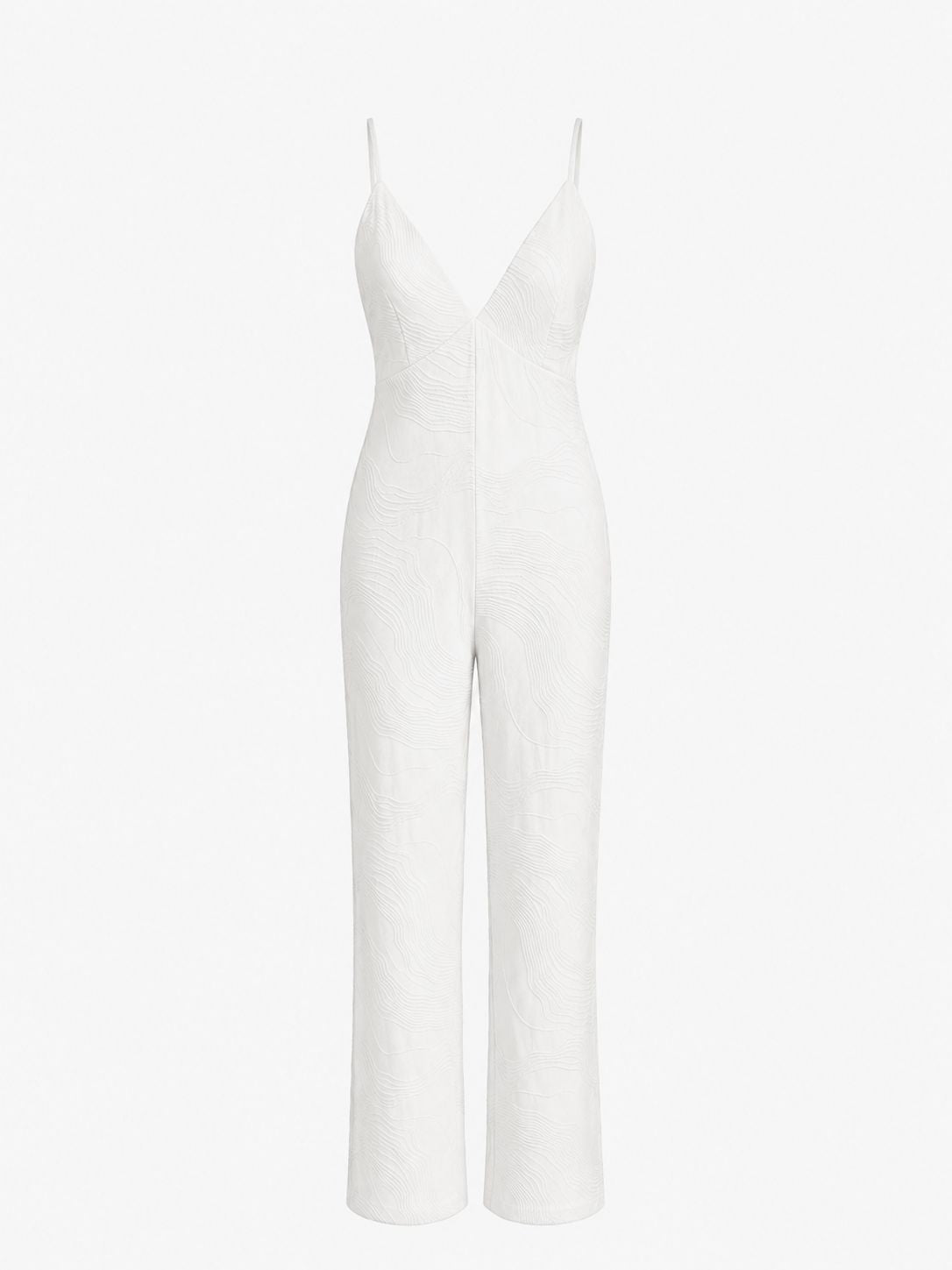 Macacão de viscose jacquard da WLC, com padrão detalhado, vestido na modelo, ideal para looks elegantes e confortáveis