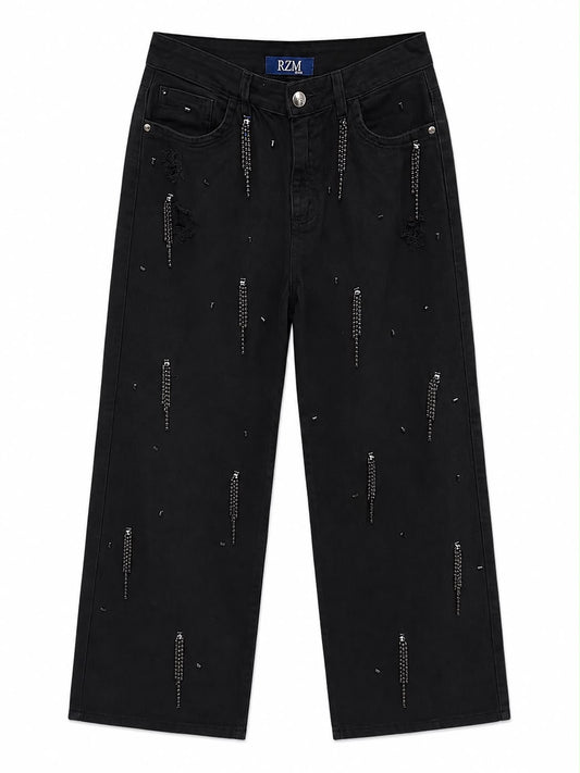 Calça Sarja Wide Leg Bordada em Cristais
