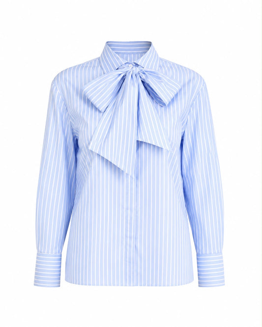 Camisa Listrada com Gola Laço