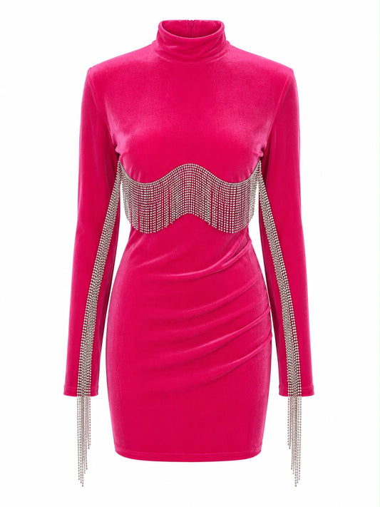 Vestido Veludo Chicago com Strass Busto e Manga