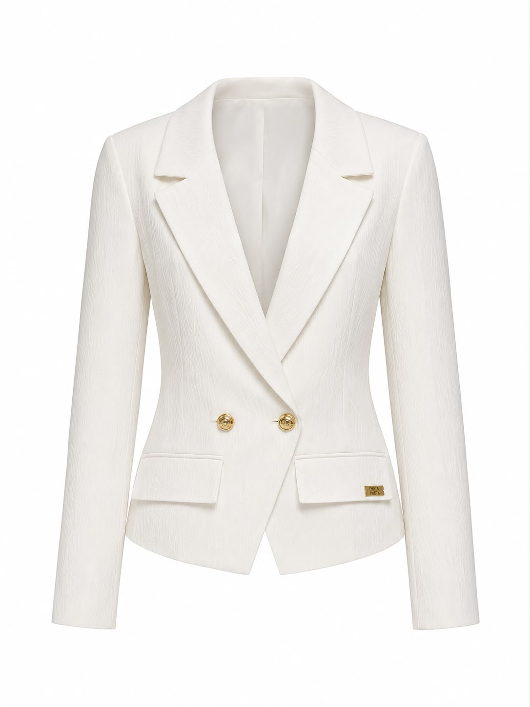 Casaco blazer da WLC com detalhes de botões em flor, visual elegante e moderno, destaque para acabamento delicado e estilo sofisticado.