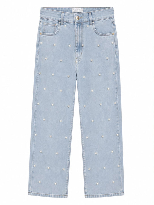 Calça Jeans Super Claro Bordado em Pérolas