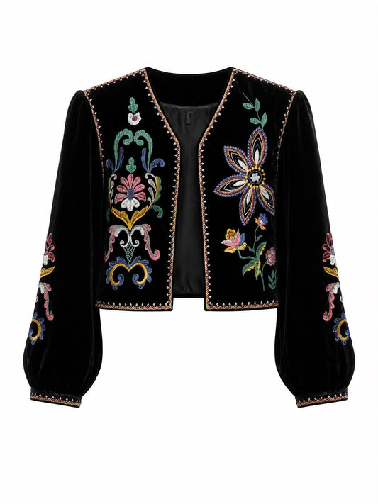 Casaco Lopz bordado com detalhes florais coloridos, tecido leve e confortável para looks casuais e estilosos.