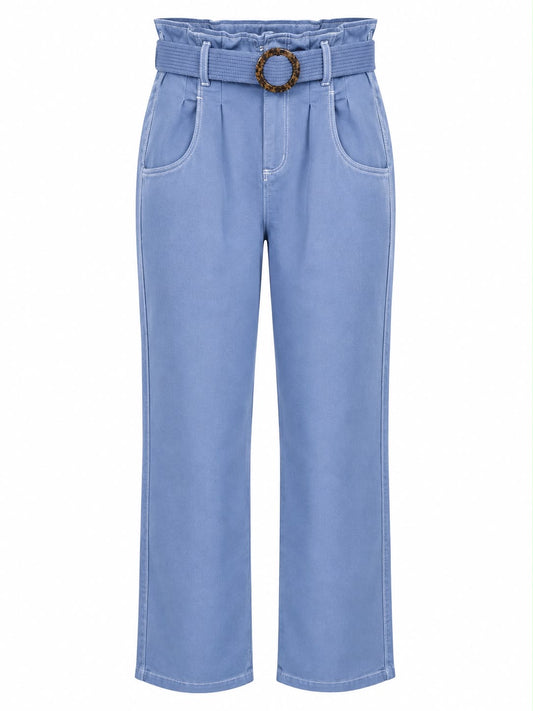 Calça Jeans com Cinto em Pedra detalhes Pesponto