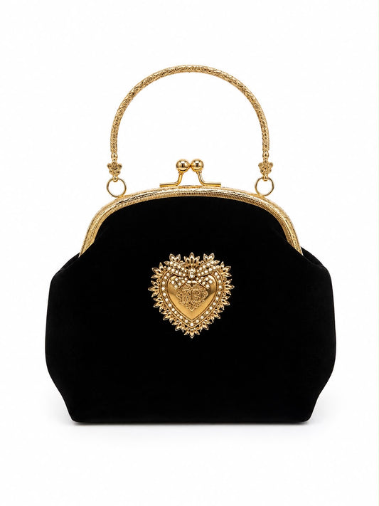 Bolsa Veludo Detalhe em Dourado Coração