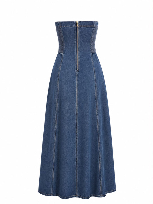 Vestido Jeans Decote Reto com Elastex