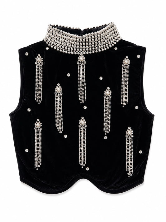 Cropped Veludo Bordado em Cristais Gola Alta
