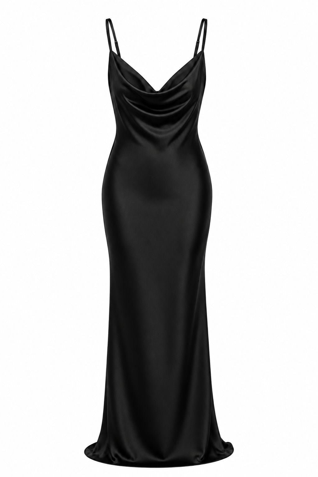 Vestido longo de cetim branco da marca WLC, com acabamento elegante e caimento suave, em uma modelo usando-o em um ambiente interno